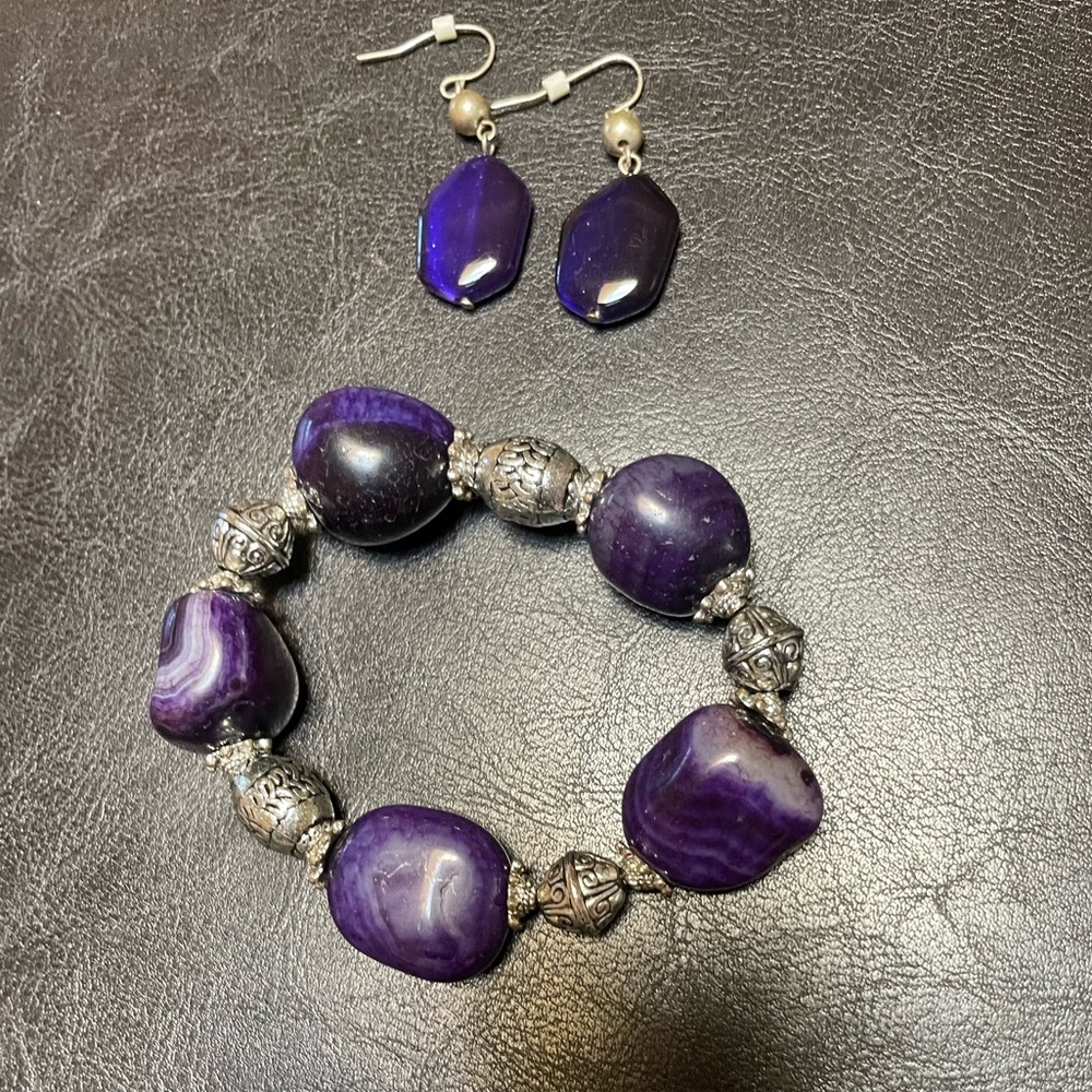 Deep purple stone stretchy bracelet and earring set